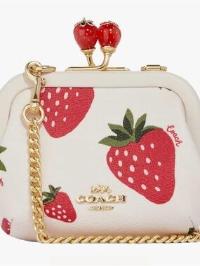 🍓 Coach Nora Kisslock Card Case Wild Strawberry Print Gold Chain Crossbody